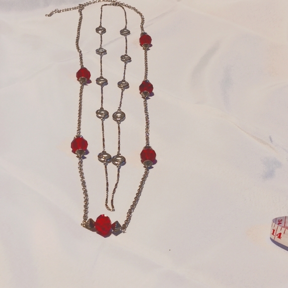 2 long Necklaces, Red Beads, Silver toned - Picture 7 of 8